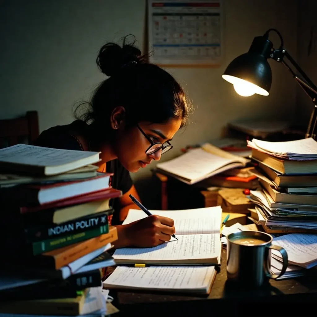 How to prepare for competitive exams- A candid documentary photograph of a 22-year-old Indian female student deeply focused on studying late at night