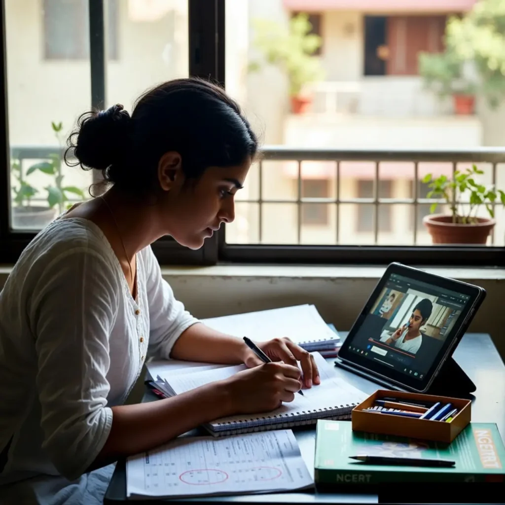 How to prepare for Competitive Exam-
A  young Indian woman preparing for a competitive exam during the daytime